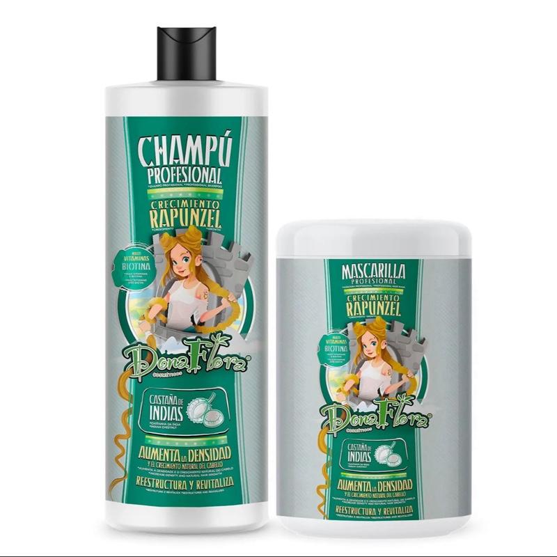 Pack DonaFlora Rapunzel: Champú 1000ml + Mascarilla Capilar 1000ml - Todos los Tipos de Cabello con Vitaminas, Biotina y Extracto de Castaño de Indias