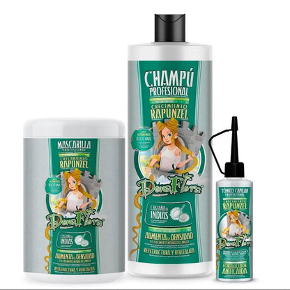 DonaFlora Pack Rapunzel Champú 1000ml Mascarilla 1000ml Tonico 70ml Vitaminas Biotina Castaño Indias Todos Tipos Cabello