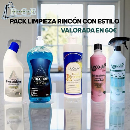 Pack limpieza Rincón con Estilo, compuesto por 1 eco-jin a elegir con difusor, 1 Poseidón, 1 chronos lavavajillas y 1 elixir fregasuelos a elegir.