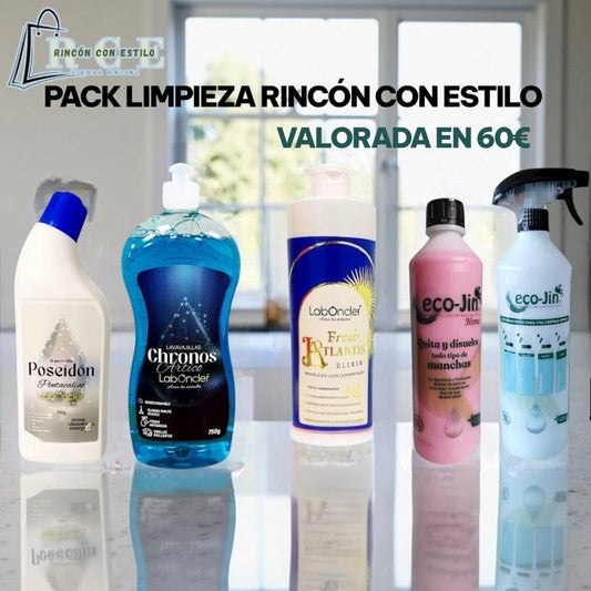 Pack limpieza Rincón con Estilo, compuesto por 1 eco-jin a elegir con difusor, 1 Poseidón, 1 chronos lavavajillas y 1 elixir fregasuelos a elegir.