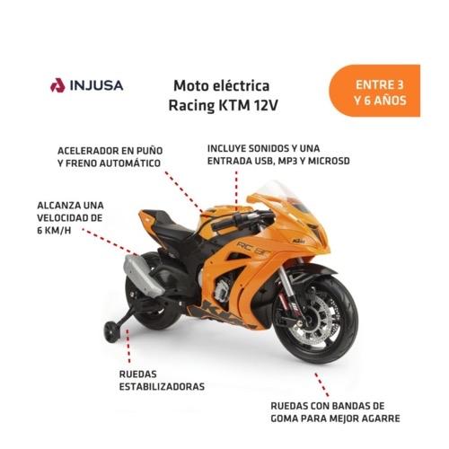 INJUSA Moto Eléctrica KTM para Niños 3-6 Años Batería 12V con Sonidos Ruedas de Goma y Estabilizadoras 6 km/h Color Naranja Fabricada en España