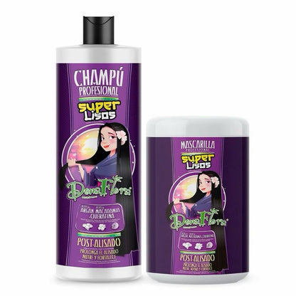 DonaFlora Pack Super Lisos: Champú 1000ml & Mascarilla 1000ml con Aceite de Argán Macadamia y Queratina para Mantenimiento del Alisado