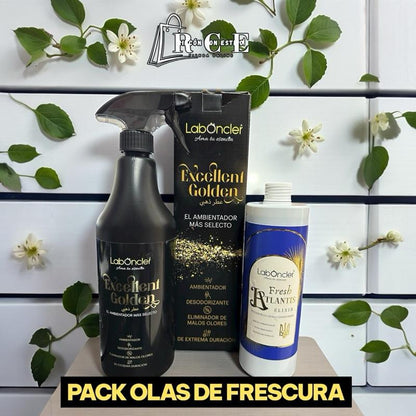 Rincón con Estilo PACK OLAS DE FRESCURA: Ambientador EXCELLENT GOLDEN 750ml + Fregasuevos A Elegir, Desodorizante de Duración Extrema
