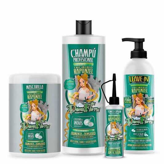Pack Dona Flora Rapunzel Total: Champú 1000ml + Mascarilla Capilar 1000ml + Tonico Capilar 70ml + Leave-In 500ml - Todos los Tipos de Cabello con Vitaminas, Biotina y Extracto de Castaño de Indias