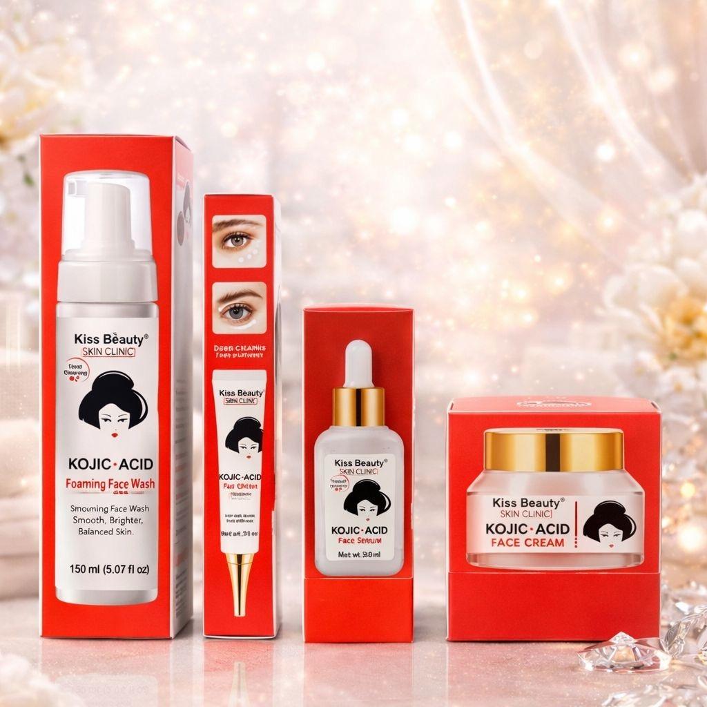 Kiss Beauty Pack de Cuidado de la Piel con Ácido Kojic Limpiador Espumoso, serum Facial, crema facial, contorno de ojos.
