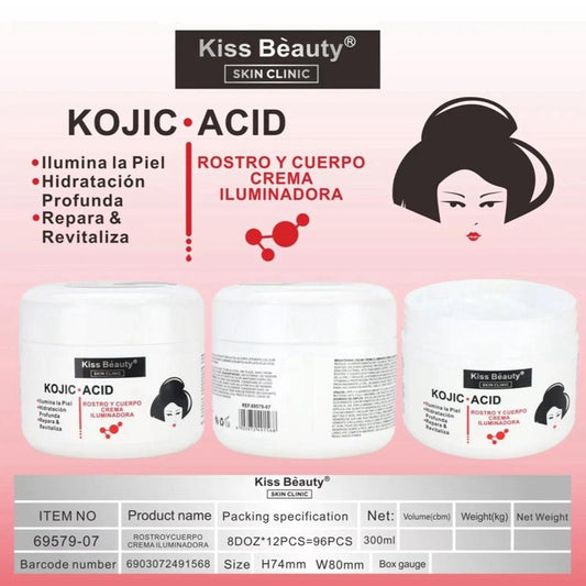 Kiss Beauty KOJIC ACID Rostro y Cuerpo Crema Iluminadora 300ml para Iluminar Hidratar y Revitalizar la Piel